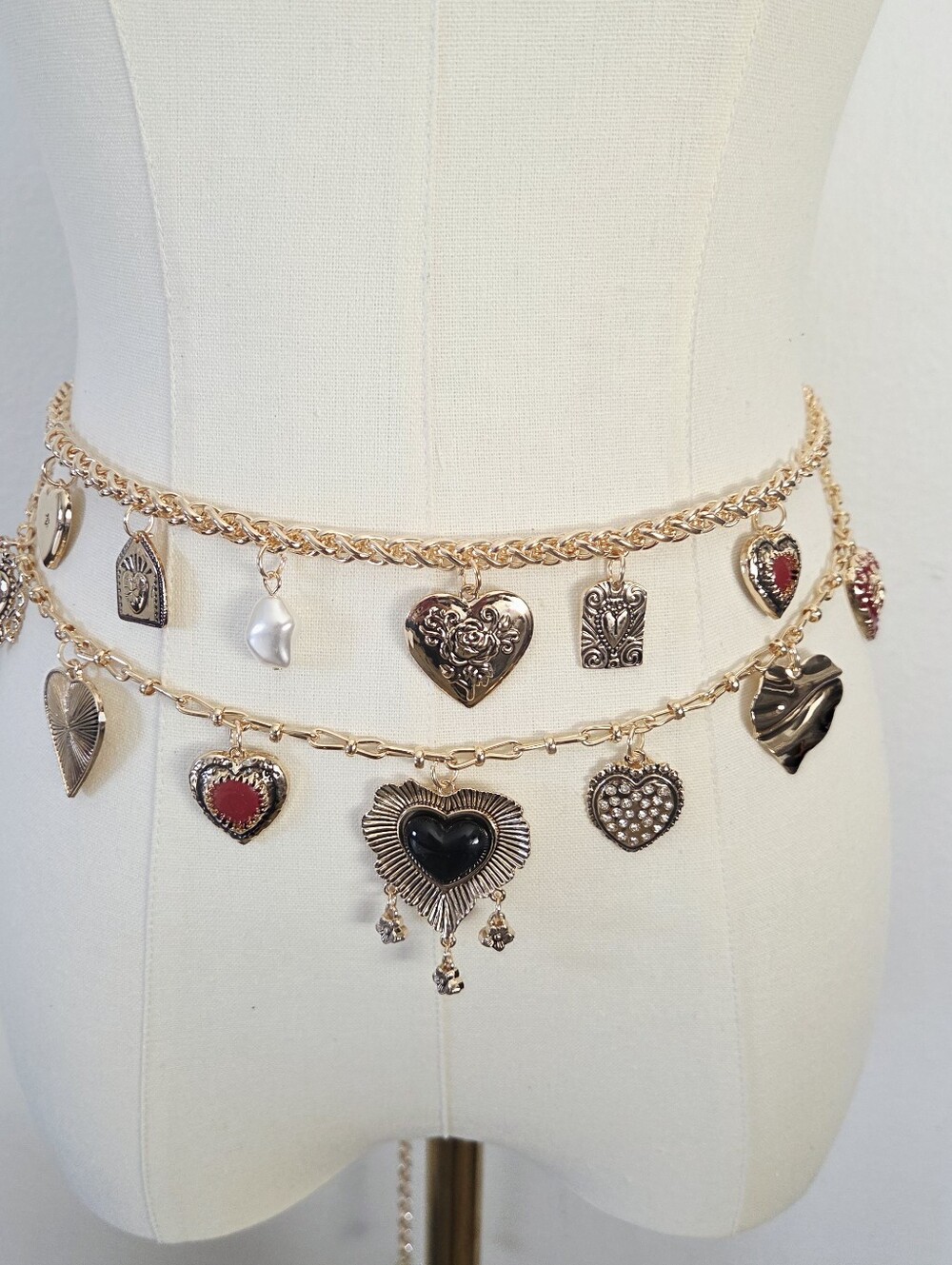 Gold Chain Charm Waist Belt with Heart and Gem Charms - Picture 4 of 8